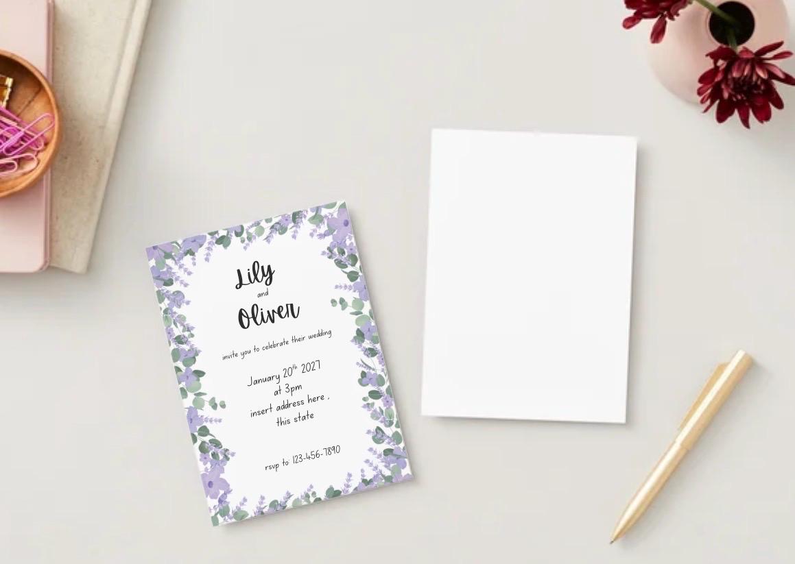 Purple floral wedding invitation save the date