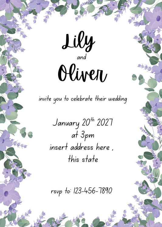 Purple floral wedding invitation save the date
